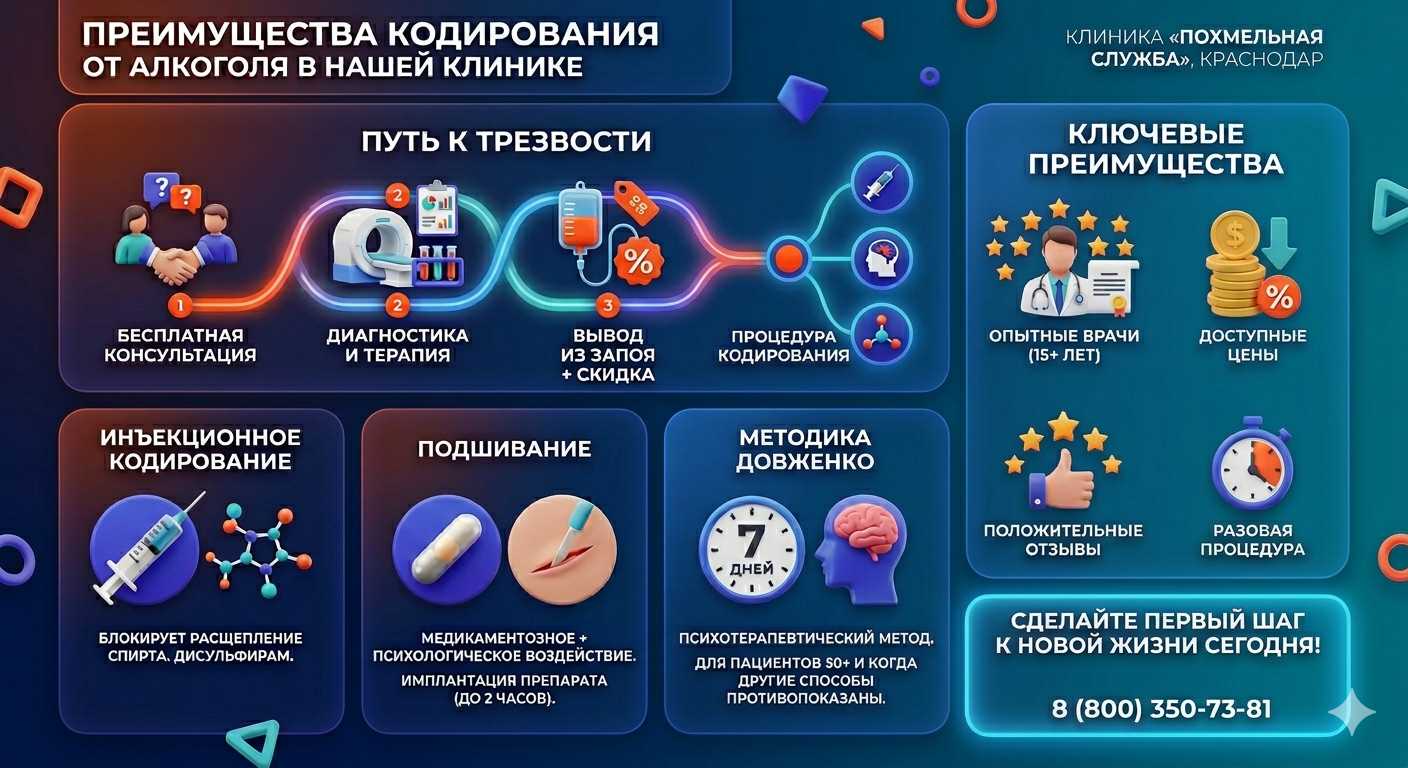 Инфографика о методах кодирования от алкоголя в Онохое: инъекции, подшивание, метод Довженко. Преимущества клиники и этапы лечения.